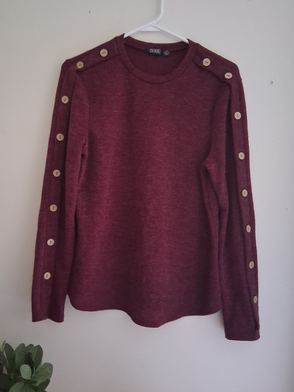 CUTIE Women's Burgundy Button-Trim Crewneck Sweater